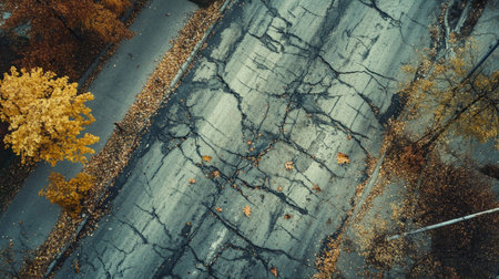 A high-angle view of a road with visible cracks in the asphalt, showing signs of wear and weathering.の素材