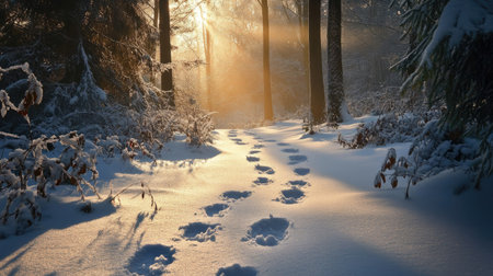 A line of rabbit footprints hopping through a snowy forest, with sunlight filtering through the trees.の素材
