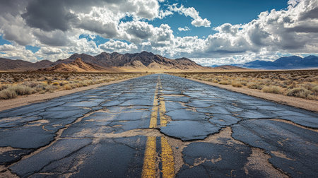 A long stretch of cracked road with visible potholes, signaling the wear and tear from heavy traffic.の素材