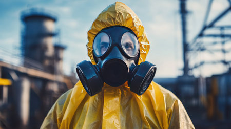 A man in a gas mask and protective suit, standing amidst a toxic waste site, with bright, harsh lighting casting long shadows.の素材