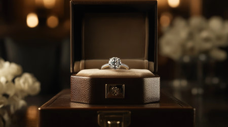 A high-end diamond ring inside an elegant jewelry box with a velvet interior, against a muted, sophisticated background.の素材