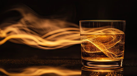 A glass of warm tea with delicate steam trails, captured against a shiny black background for a striking visual effect.の素材
