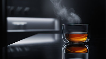 A glass of tea resting on a glossy black surface, with the reflection of the steam and cup creating a serene mood.の素材