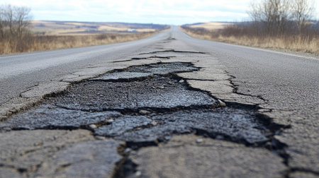 A long stretch of cracked asphalt road, leading into the horizon with a sense of neglect.の素材