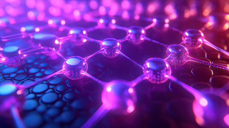 A glowing lattice of molecular structures forming a futuristic pattern of biochemical interactions.の素材