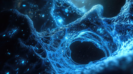 A highly detailed D rendering of a microscopic molecular structure, glowing blue against a dark background.の素材