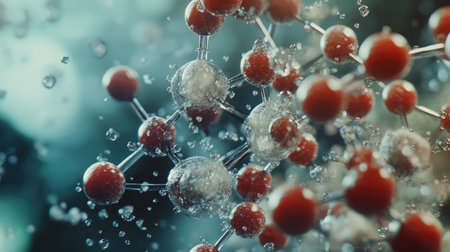 A microscopic view of atoms bonding together, representing molecular interactions in biochemistry.の素材