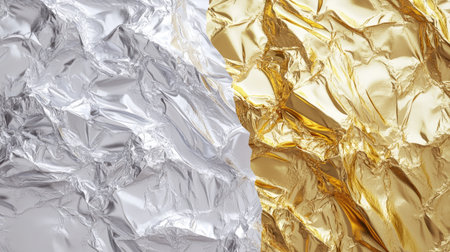 A high-resolution, stylish print with crumpled foil textures in silver and gold hues.の素材