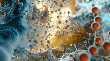 A magnified view of chemical molecules in a suspended state, representing scientific research.の素材