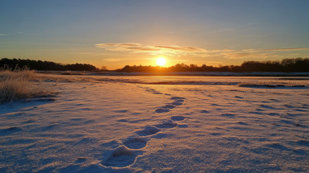 A golden sunrise casting long shadows over animal tracks imprinted in the untouched sand.の素材