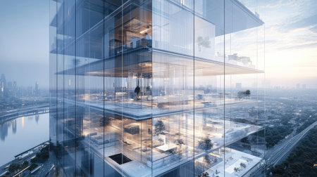 A high-rise building with transparent glass walls, reflecting the urban landscape around it.の素材