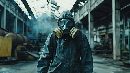 A man with a gas mask and protective gear, walking through a warehouse, with visible signs of decay and disarray in the environment.の素材