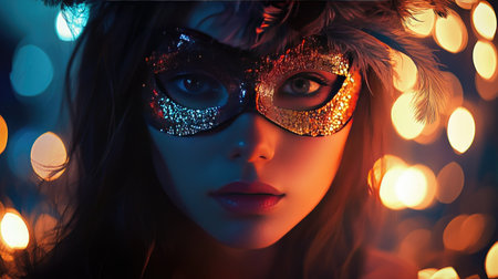 A girl with a feathered carnival mask and a hint of mystery in her eyes, set against a backdrop of party lights.の素材