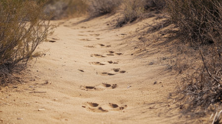 A line of rabbit footprints hopping through a sandy trail, surrounded by dry vegetation.の素材