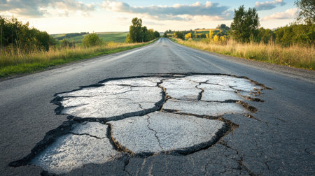 A long stretch of cracked asphalt road, leading into the horizon with a sense of neglect.の素材