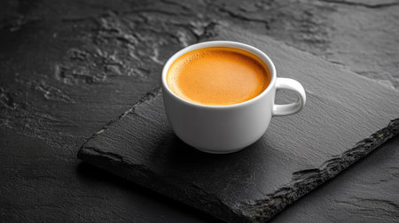 A luxurious coffee cup with an aromatic, steaming drink, placed on a polished black surface for a sleek contrast.の素材