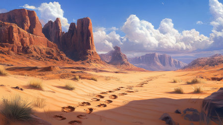A majestic desert scene with a lone set of wolf tracks leading into the dunes.の素材
