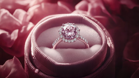 A luxurious diamond ring displayed in an elegant velvet gift box, surrounded by soft lighting that enhances the sparkle of the diamond.の素材