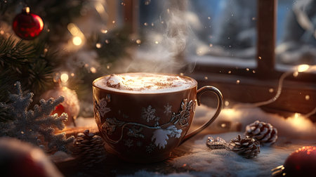 A hot mug of cocoa with rich steam rising, surrounded by a winter-themed setting.の素材