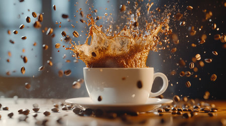 A high-speed shot of coffee splashing out of a cup, surrounded by flying beans, isolated on a soft-toned background.の素材