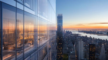 A high-rise building with transparent glass walls, reflecting the urban landscape around it.の素材