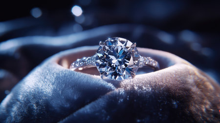 A luxurious diamond ring displayed in an elegant velvet gift box, surrounded by soft lighting that enhances the sparkle of the diamond.の素材