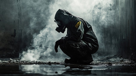 A man in a gas mask, kneeling in a hazardous zone, inspecting a chemical spill or leak, the environment dark and industrial.の素材
