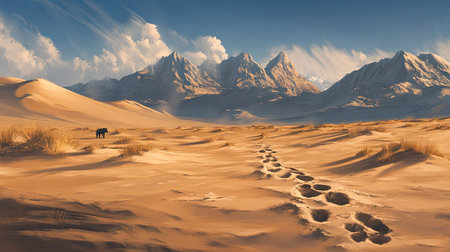 A majestic desert scene with a lone set of wolf tracks leading into the dunes.の素材