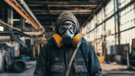 A man with a gas mask and protective gear, walking through a warehouse, with visible signs of decay and disarray in the environment.の素材