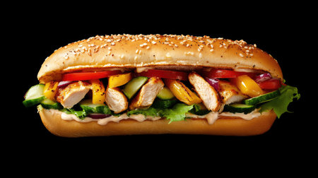 A juicy chicken kebab sandwich with vibrant veggies and creamy sauce, isolated against a dark background.の素材