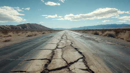 A long stretch of cracked road with visible potholes, signaling the wear and tear from heavy traffic.の素材
