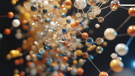 A magnified view of chemical molecules in a suspended state, representing scientific research.の素材