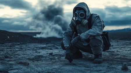 A man wearing a gas mask and heavy protective gear, kneeling near an environmental hazard, assessing the situation in a desolate area.の素材
