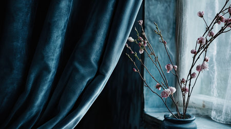 A lightly textured, soft velvet curtain gently flowing in the breeze.の素材