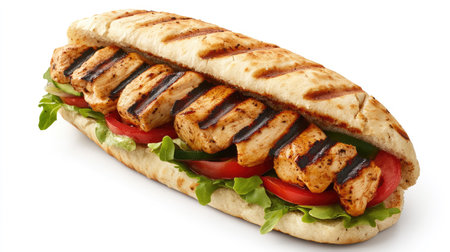 A kebab sandwich with flavorful grilled chicken and fresh veggies, served in soft flatbread, isolated on a clean surface.の素材