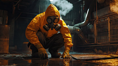 A man in a gas mask, kneeling in a hazardous zone, inspecting a chemical spill or leak, the environment dark and industrial.の素材