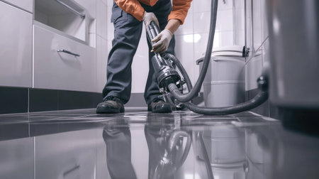 A maintenance worker in uniform using a vacuum pump to clear a clogged bathroom floor drain.の素材