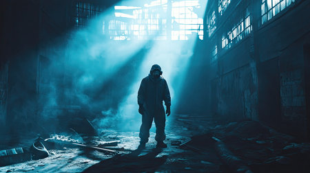 A man in a gas mask and protective suit, standing amidst a toxic waste site, with bright, harsh lighting casting long shadows.の素材