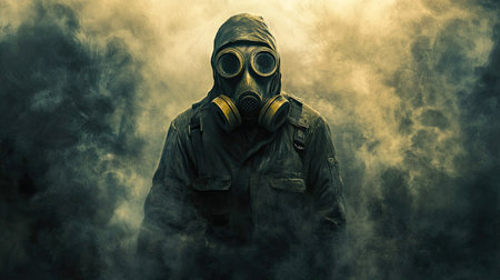 A man with a gas mask, standing still in a misty area, with dramatic lighting highlighting his figure, surrounded by a bleak, toxic environment.の素材