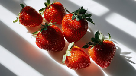 Overhead shot of several ripe strawberries placed artistically on a smooth white surfaceの素材