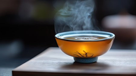 A close-up of a steaming cup of tea, with soft swirls of steam against a blurred, serene background.の素材