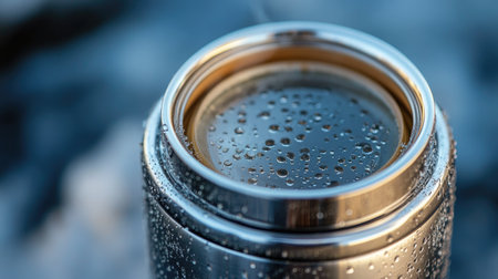 A close-up of a stainless steel thermos with a lid off, showing condensation and the warm contents inside.の素材