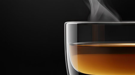 A close-up of a warm glass of tea, the steam rising and glowing softly against the sleek, dark black backdrop.の素材