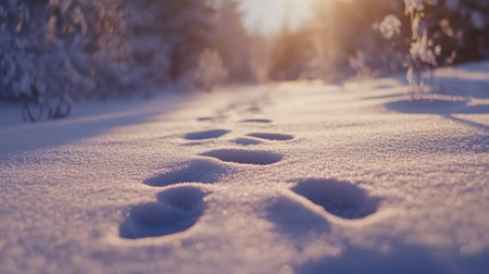 A close-up of fresh animal footprints imprinted in the soft, white snow, leading into the distance.の素材