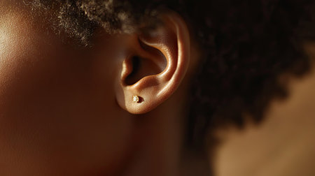 A close-up of a woman's ear with a sleek, modern gold earring, showing off fine detailing under ambient light.の素材