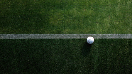 Overhead view of a soccer ball positioned on the soccer field, with clear white lines defining the boundariesの素材
