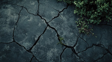 A close-up of deep asphalt cracks stretching across a worn road surface, with weeds growing through the gaps.の素材
