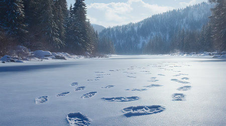 A frozen lake's snowy surface dotted with various animal footprints, hinting at unseen wildlife.の素材