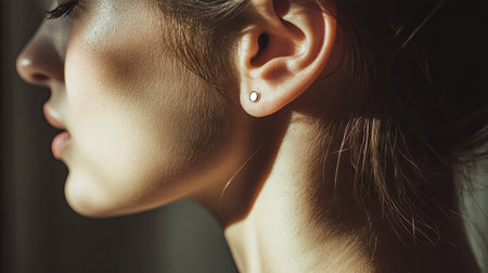 A close-up of a woman's ear wearing a delicate, modern earring with minimalist design, glowing softly under ambient lighting.の素材