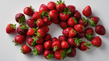 Overhead view of freshly picked strawberries arranged in a circular shape on a white backgroundの素材